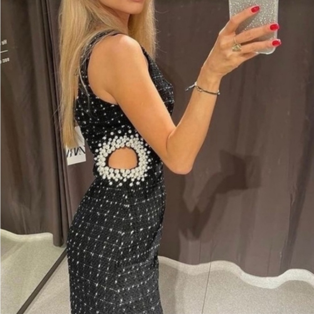 Zara textured weave dress with faux pearls xs
